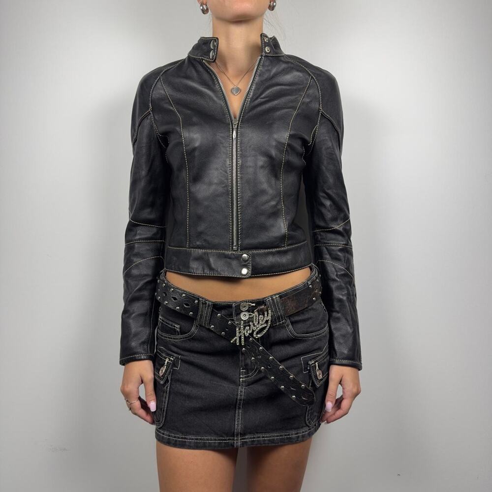 Bebe Y2K Black Leather Moto Jacket Contrast Stitch Biker - Picture 2 of 7